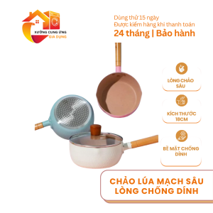 Chảo lúa mạch sâu lòng chống dính 18cm cán gỗ chảo đáy sâu màu pastel tiện dụng