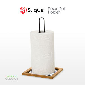 SLIQUE Premium Tissue Roll Holder 18x18x30cm Paper Towel Holder Standing Tissue Holder Bamboo Metal Wire Organizer
