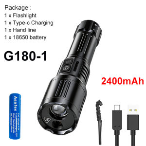 ASAFEE G180 30W LED 1200LM Tactical Flashlight Green&Red Laser Pointer 1200M Long Range Rotary Zoom Dual Switch Type-C Rechargeable Camping Torch