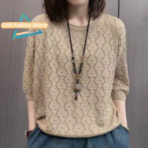 Hollow Short-sleeved Knitted Blouses for Lady Round Neck T-shirt New Fashion All-match Loose Five-point Sleeve Top