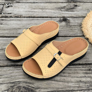 [Free Shipping] Plus-Size WomenS Summer Shoes New Style With A Single-Strap Design High Heels Metal Buckle And Thick Soles Featuring A Peep-Toe Design