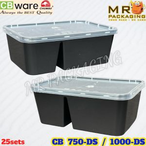 CB DS 750 / DS 1000 Two Compartment Black Container With Lid ( 25sets± ) Disposable PP Lunch Box Plastic Food Box - 2 Ware - Bekas Makanan - Chunbe CBware - DS750 750DS DS1000 1000DS