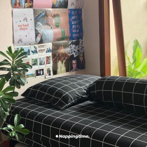 Sprei Katun Poliester Motif Kotak-Kotak Hitam Premium 180x200/160x200/120x200/90x200 - Tahan Air