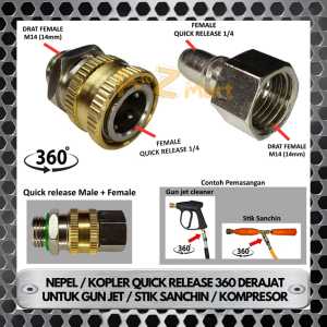 SAMBUNGAN QUICK RELEASE NEPEL ADAPTOR ADAPTER KONEKTOR CONECTOR KOPLER COUPLER SWIVEL 360 DERAJAT QUICK RELEASE THREAD MALE FEMALE G14 1/4" 1/4 INCH DRAT COWO CEWE M14 FOAM LANCE SELANG MESIN HIGH PRESURE NOZZLE TIP PISTOL GUN JET STEAM SETIM CLEANER