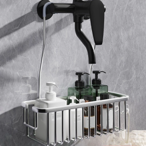 [SG READY STOCK]Bathroom Shower Rack/Shower Mixer TapHanging Basket/No DrillAluminium/Shampoo Storage Shelf Bath Organizer