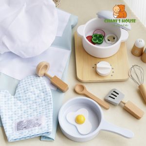 ĐỒ CHƠI NẤU ĂN UMU KÈM TẠP DỀ VÀ MŨ CHO BÉ DỤNG CỤ BẰNG GỖ CAO CẤP
