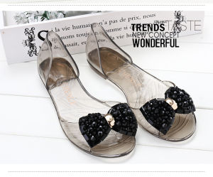 Free Shipping Plastic Sandals For Women Flat-Soled With Rhinestone Embellishments Transparent Jelly Material And A Bow Design