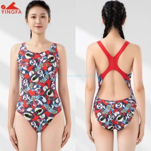 Yingfa ชุดว่ายน้ำสตรีแบบชิ้นเดียวผ้าชุดว่ายน้ำแข่งคลอรีนสำหรับการแข่งขันชุดว่ายน้ำพิมพ์ลายการ์ตูนชุดว่ายน้ำสำหรับวัยรุ่นหญิง