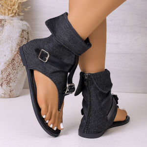 [Free Shipping] Plus-Size WomenS Sandals 2025 Summer New Style-Toe Flat-Soled Back Zipper Roman Fabric With Belt Buckle