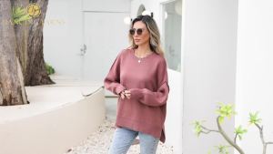 Womens Oversized Batwing Sweater for Autumn  2025  Round Neck Pullover Knitted Top  -  Outer Seam  High-low hem  Side slit