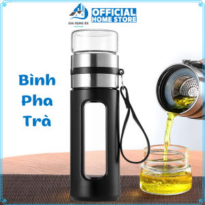 BÌNH PHA TRÀ Bình Lọc Trà Cầm Tay Có Quai Da Lõi lọc INOX Kèm Cốc uống - Bình thủy tinh Pha Trà vỏ bằng nhựa cứng chịu nhiệt 450ml