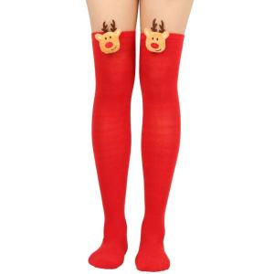 Women Christmas Over Knee Long Socks Cute 3D Plush Deer Elk Striped Print Thigh High Stockings Holiday Party Hosiery