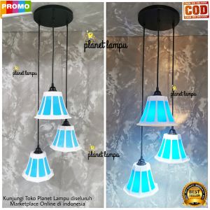 LAMPU GANTUNG HIAS 3 IN 1 KAP MINIMALIS DEKORASI RUANG TAMU CAFE PLAFON ATAP VINTAGE ( NANO 3 BIRU )