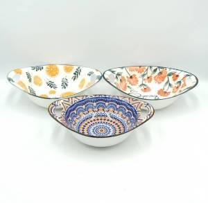 ชาม ชามเซรามิค ชามมีหูจับ ทรงรี ขนาด 6 x 8.75 นิ้ว มี 3 ลาย