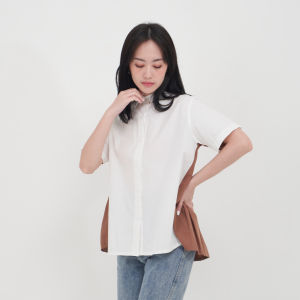 QUEENTIN Kemeja Pleated Back Wanita 0678 Katun Poplin Polos Lengan Pendek