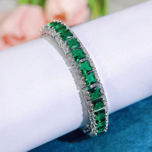 SEQUITO Charming Women Wrist Jewelry Inlay Green Princess Cut AAAAA Cubic Zircon Yellow Gold Plated Fashion Slider Bracelet Clothing Accessories B330