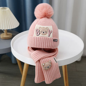 Adorable Kids Winter Hat and Scarf Set with Cute Bear Design Warm Knitted Beanie with Pom Pom for Boys and Girls