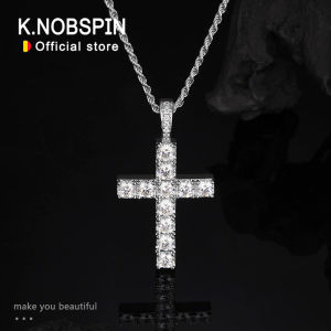 KNOBSPIN 5.5ct Moissanite Cross Necklace Solid s925 Sterling Silver 1.6mm Rope Chain Necklaces for Women Man Christian Jewelry