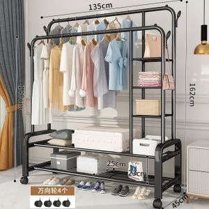 ORDNEVO Clothes Rack Floor-standing Bedroom Clothes Hanger Floor Laundry Drying Rack Double Rod With Wheels 180CM