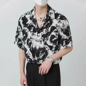 Mens Short Sleeve Hawaiian Shirt Floral Polo Casual Loose Linen Ethnic Style Shirt Tops Men Clothing