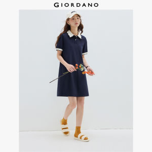 GIORDANO ผู้หญิง  ชุดเดรสโปโลแต่งขอบคลื่นตัดกัน ลายดอกไม้ กระดุม แขนสั้น แฟชั่นลำลอง ชุดเดรสโปโล 18465912