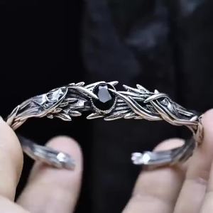 BOCAI  S925 Sterling Silver Charms Bangle for Men Women Antique Angel Devil Wings Black Agate Punk Bracelet Fine Choice Jewelry