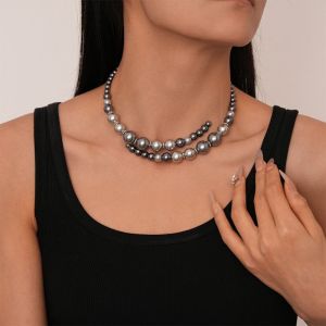 NEEUJ เรโทร สร้อยคอเปิดมุกแก้ว สีเทาและสีเทา อารมณ์ที่ดี อุปกรณ์เสริมคอ สไตล์ยุโรปอเมริกา ขั้นสูงเป็นขั้นสูง โซ่กระดูกไหปลาร้า สำหรับผู้หญิงผู้หญิง