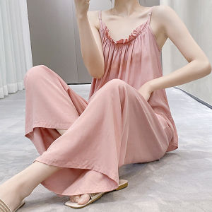 Solid Colors Cotton Silk Pajamas Womens Spring and Summer Simple Camisole Long Pants Sleepwear Two Piece Set Loose Home Wear Clothing