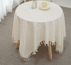 [100*140] Khăn trải bàn vải linen họa tiết hoa cúc có tai treo phong cách vintage cổ điển [T050]