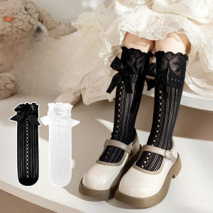 Solid Color Bowknot Hollow Lace Socks Woman Summer Middle Tube JK Lolita Cute Socks Black White Fishnet Socks for Women