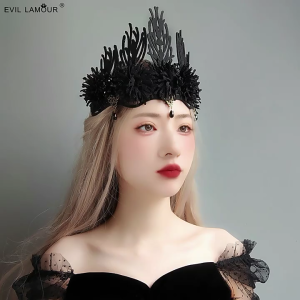 Black Witch Crown Headband for Women Girls Gothic Princess Tiaras Crownpiece Halloween Costumes Party Crown Headdress