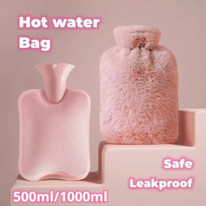 Hot Water Bag with Plush Cloth Cover Water-filling Compress Bag Stomach Pain Relief Outdoor Warmer