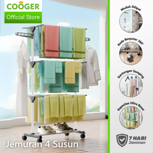 COOGER Rak Jemuran Baju 4 Tingkat Bahan Stainless Steel Anti Karat Kuat Dan Kokoh Rak Jemuran 4 Susun Dengan Roda