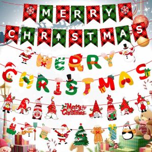 TSEVD กระดาษ ซานตาคลอส ดึงธง สำหรับแขวน คริสต์มาส มาลัย ของตกแต่งวันคริสต์มาส ธงแบนเนอร์ เครื่องประดับคริสต์มาส