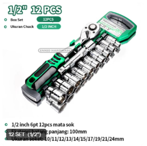 MONAKE Kunci Sok Set 12/32/37/46/53/61/82/94 pcs Set (COD) 1/2 and 1/4 Lengkap Kunci Mata Sok inch Set Potong Kunci Pas Alat Set Cincin 24 gigi Wrench Rachet alat perkakas lengkap motor Rachet Handle Multifungsi kunci - 12 SET（1/4）