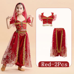 LOlanta Kids Indian Belly Dance Set Princess Halloween Costume Aladdin Lamp for Children Girls Red Blue Stage Oriental Performance Clothes Suit 3-13Years