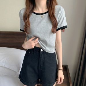 Teenager Crop Top Tee Short sleeves Round Neck T-shirt Women Plain Color shirts high waist slim fit girl shirts TL02