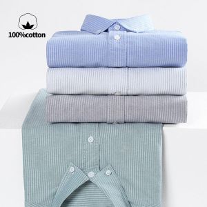 Mens 100% Cotton Oxford Shirt - Breathable Vertical Stripe Slim Fit with Wrinkle-Resistant Long Sleeve for Business Casual