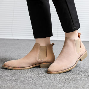 QBELY Basic Sand Color Men Suede Chelsea Boots Natural Leather Zip Pointed Toe Formal Ankle Boots Size 36-44