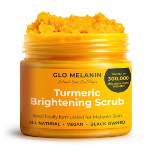Glo Melanin Turmeric Brightening Scrub for Dark Spots [4 oz]  Includes Jojoba Oil - Sea Salt & Vitamin E Brightening for Inner Thighs - Bikini Area - Underarms Natural Exfoliating