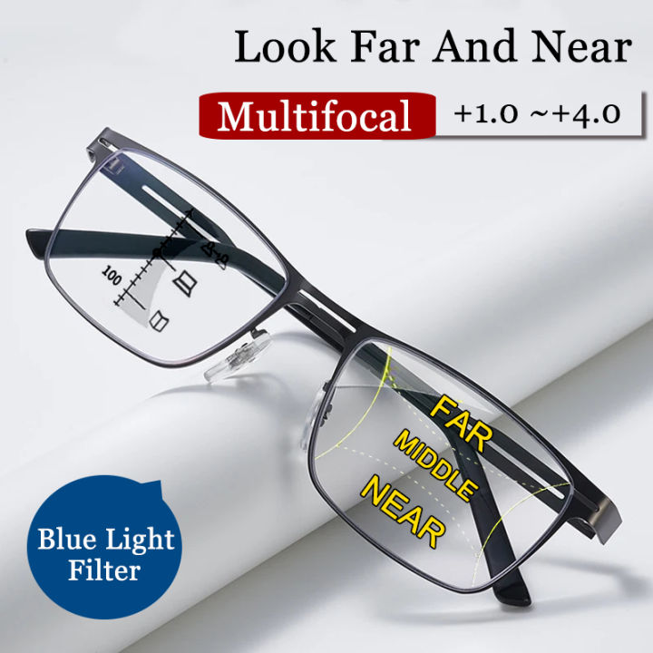 To Progressive Multifocal Reading Glasses Blue Light Blocking  Eyeglasses for Men Women Driving Look Near and Far Presbyopic Eyewear Steel 