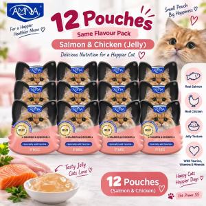 AMNA Cat Wet Food 85G |Halal Certified| 12/24/36 Pouches | 5 Flavours | Meat Pâté Jelly & Soup | Chicken Beef & Salmon