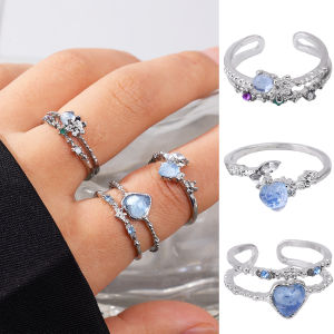 X.Z.MOONLIGH Aquamarine Heart Moonstone Valentines Ring Exquisite Blue Love Design Elegant Jewelry Ideal Romantic Gift