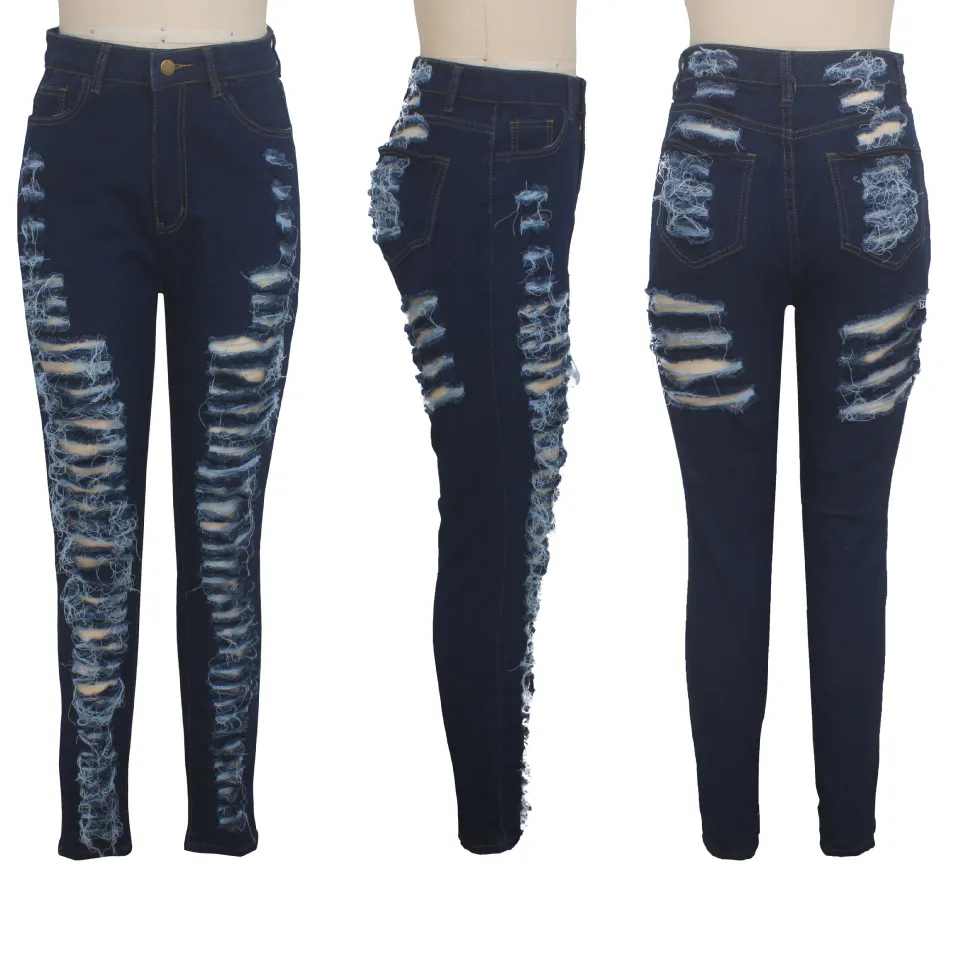 CM.YAYA Denim Pants Women Retro Solid Sexy Hole Hollow Out Jeans