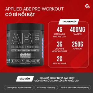Bột tăng sức mạnh Applied ABE Pre Workout (30 Servings) - Made in UK - - Cải thiện sức bền tăng khả năng chịu đựng của cơ thể. - Giảm đau nhức trong và sau khi tập. - Thúc đẩy cơ thể sản sinh năng lượng cho buổi tập hiệu quả hơn.
