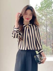 AMMIN 2025 Spring and Autumn New Fashion High-end Metal Buckle Stand Collar Color Block Striped Print Commuter Long Sleeve Chiffon Blouse for Women Korean Style Professional Elegant Blouse