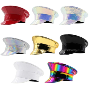 PatentLeather Military Hat for Women Novelty Glitter Party Hat Sergeant Captain Cap for Stage Club Bachelorette Party