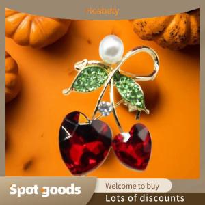 Heabety Fashion Fashion Red Crystal Heart Cherry Shaped Brooches For Women Clothing Coat Jewelry Accessories Gifts