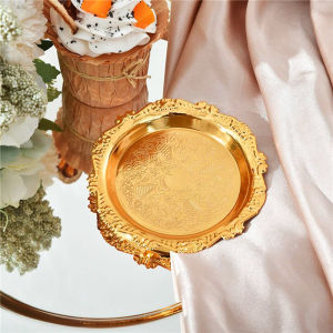 WH Round Tray Stainless Steel Straight Edge Jewelry Cosmetic Make Up Candle Plate Afternoon Tea Dessert Plate Cosmetic Storage Decorative Tray(WLJQ0520)