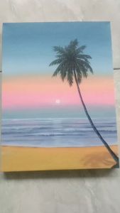 Lukisan Kanvas Canvas Hiasan Pajangan Dekorasi Dinding Pemandangan Ruang Tamu Kamar Rumah Minimalis Aesthetic Handmade Asli Hasil Tangan Motif Pantai Senja Ukuran 30x40cm